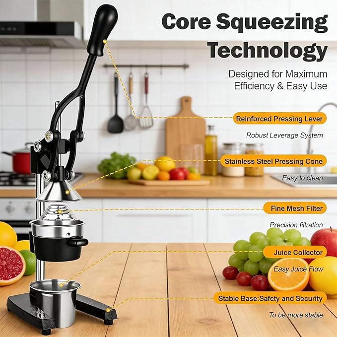 Cast Iron Manual Citrus Juicer Hand Press, Heavy-Duty Commercial Grade, Stainless Steel Lemon Orange Squeezer Effortless, Stable, Easy Clean for Home, Bar, Commercial Use