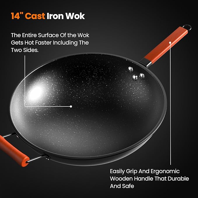 1800W Induction Wok,Stainless Steel Electric Wok Used For Home And Commercial,Temp From 140°F to 460°F,Concave Surface Dual Control 10 Power 24H Timer,14-inch Cast Iron Wok Included