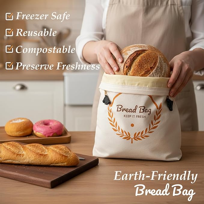 PIPI&TITI Reusable Beeswax Bread Bags for Homemade Bread (2-packs),Zippered Bread Bag for Sourdough Bread Storage,17x12.6 inches Food Storage,Portable Beeswax Cotton Bag,Freezer Friendly