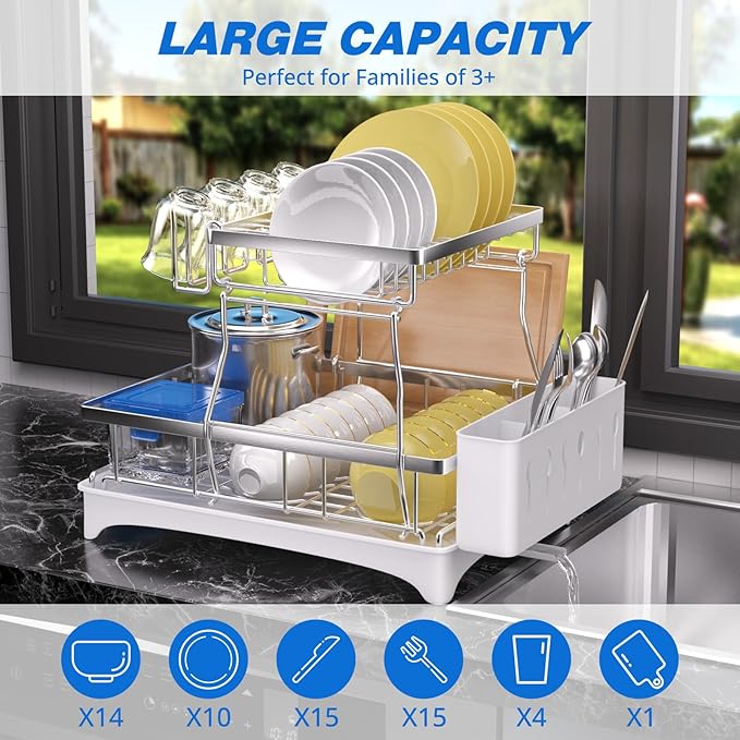 Godboat Dish Drying Rack, 2-Tier Dish Rack with Auto-Drain & Mat, 304 Stainless Steel Dish Racks for Kitchen Counter, Dish Drainer with Knife, Fork & Cup Rack, Gifts for Women, Mothers Day, Silver