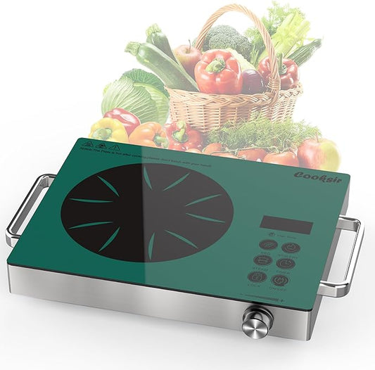 Single Burner Electric Cooktop - 110V 1800W Portable One Burner Hot Plate, Countertop Electric Stove top for Home, Camping, RV, Timer, Child Lock, Steam, BBQ, Stir Fry, 120V Plug in (Green)
