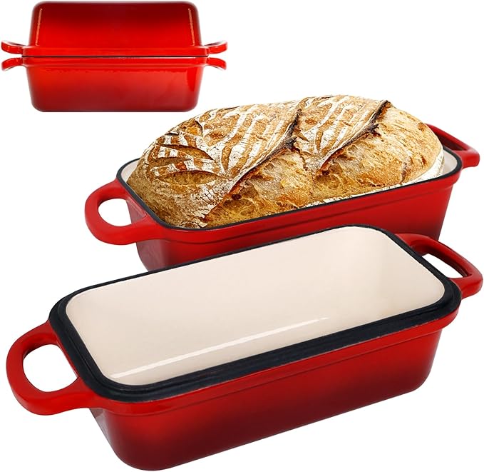 FUNKYLEE Enameled Cast Iron Bread Pan with Lid, 2-in-1 Loaf Pan for Baking Bread 8.5x4.5, Professional Sourdough Bread Pan for Homemade Bread, Set of 2, Red