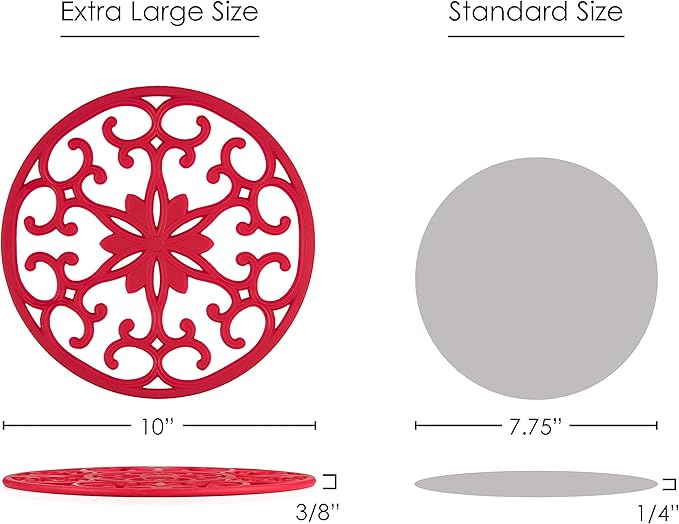 GASARÉ, Extra Large, Thick, 10" Silicone Trivets for Hot Dishes, Pots, and Pans, Hot Pads for Countertops, Flexible, Dishwasher Safe, 10 x ¼ Inches, Set of 3, Red