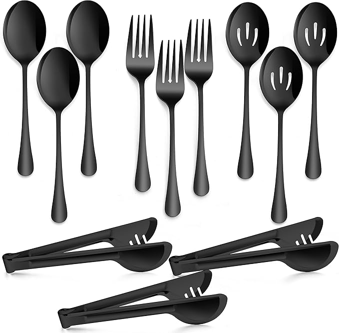 Large Black Serving Utensils Set of 12, E-far Stainless Steel 9.8 Inch Serving Spoons Slotted Spoon, 9.9 Inch Forks, 9.4 Inch Tong for Buffet Catering, Mirror Finish & Dishwasher Safe