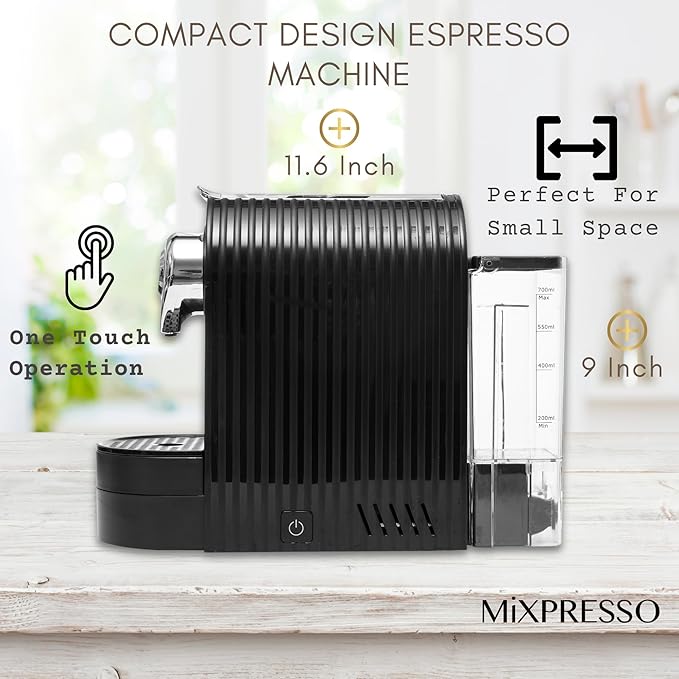 Mixpresso Black Espresso Coffee Machine – Compact 1400W Single Serve Coffee Maker Compatible with Nespresso OriginalLine Capsules, One-Touch Operation, 19-Bar Italian Pump, 27oz Water Tank