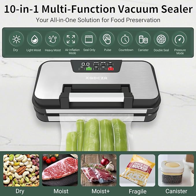 95kPa Vacuum Sealer Machine, Powerful Double Pump 10-in-1 Food Sealing System with Double Heat Seal, Built-in Cutter & Bag Storage, Easy-Lock Handle, Hose, 2 Bag Rolls, Durable Stainless Steel Design