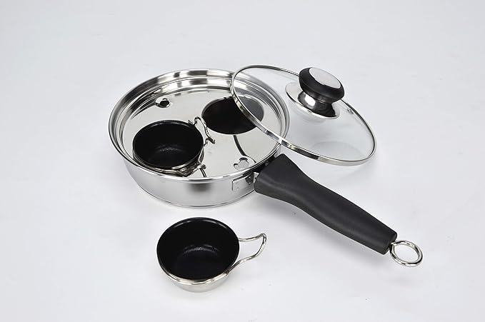 RUNZI 2 Cups Egg Poacher Pan - Stainless Steel Poached Egg Cooker – Perfect Poached Egg Maker – Induction Cooktop Egg Poachers Cookware Set with 2 Nonstick Large PFOA FREE Egg Poacher Cups…