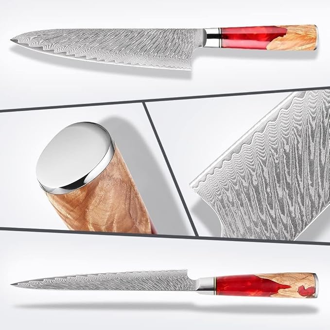 Epicurean Cook Tidal Collection 8 PCS Damascus Knife Set: Japanese Kitchen Knives in an Elegant Box with Red Resin and Burl Wood handles with VG10 Steel Core Ultra-Sharp Professional Chef Knife Set!
