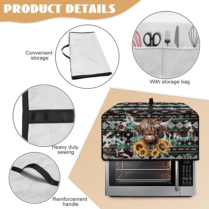 Toaster Oven Dust Cover Washable Fabric Convection Oven Cover Protector Compatible with Various Small Kitchen Appliances, M, Aztec Highland Cow Sunflower