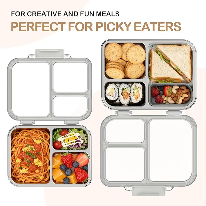 BABHAMNESS Stainless Steel Bento Lunch Box for Kids Adults, 3 Compartments Metal Bento Box with Transparent Lid & Silicone Container for Kids,Dishwasher-Safe,School & Travel,BPA-Free(Grey)
