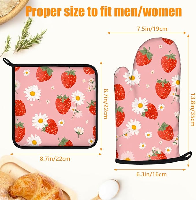 Strawberry Flowers Oven Mitts and Pot Holders Sets 4Pcs Silicone Non-Slip Mitts Heat Resistant Gloves Hot Pads for Kitchen Cooking Baking Grilling BBQ
