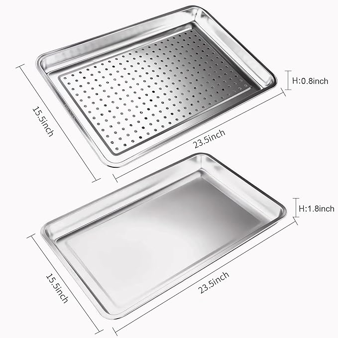 2-Pack 23.5"x15.5" Extra Large Heavy Duty Commercial Grade 304 Stainless Steel Baking Pan Set, Non-Toxic Deep Sheet Pan, 1 Solid & 1 Perforated Pans for Roasting, Defrosting, Draining, Cooling