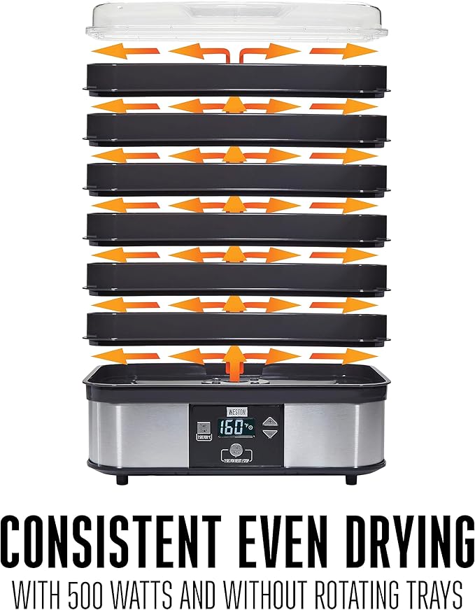 Weston Food Dehydrator Machine for Jerky, Fruit, Meat, Herbs, Vegetables, with Digital Temperature Control (100-160F), 6 Stackable Trays (7.4 sq. ft.), Black (75-0401-W)