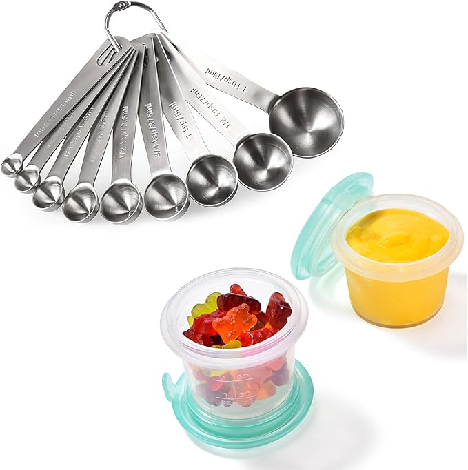 U-Taste 18/8 Stainless Steel Measuring Spoons Set of 9 and 2oz×2 Silicone Food Container Mini Kitchen Storage with Airtight Lid Set of 2 (Aqua Sky)