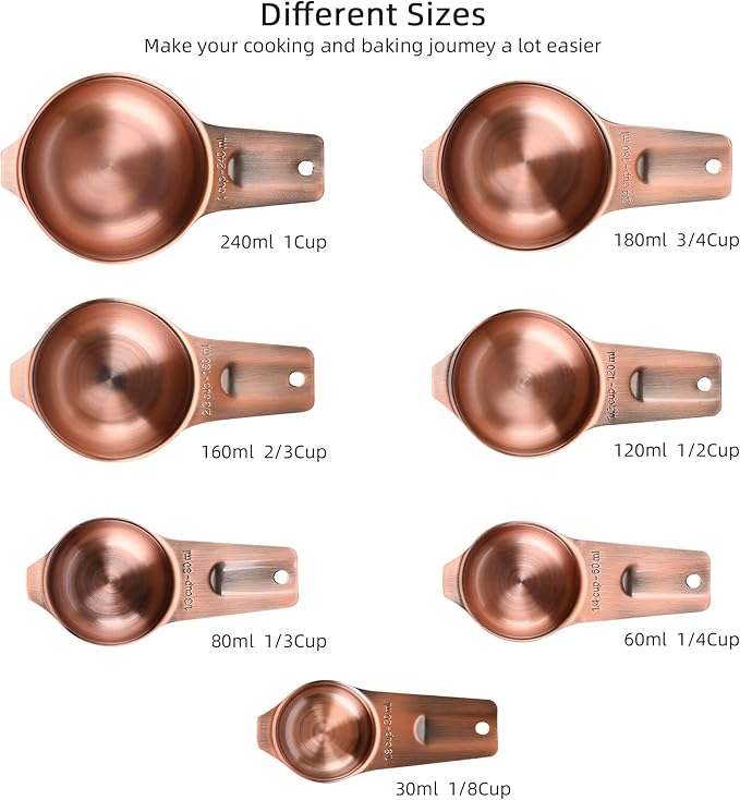 Copper Measuring Cups Set 7, Stainless Steel Measuring Cups for Kitchen & Baking, Metric & US Measuring Tools for Dry and Liquid, Metal Measure Cups with 1/8, 1/4, 1/3, 2/3, 3/4 Cup
