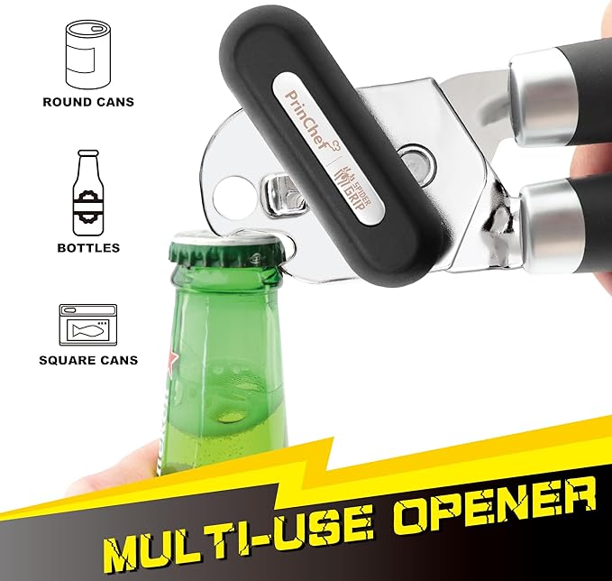 [Smoother Cut] PrinChef Manual Can Opener with Magnet, Improved Handle for More Comfortable Grip, Handheld Can Openers for Seniors, Heavy Duty Can Opener Smooth Edge, Bottle Opener Easy to Use, Black