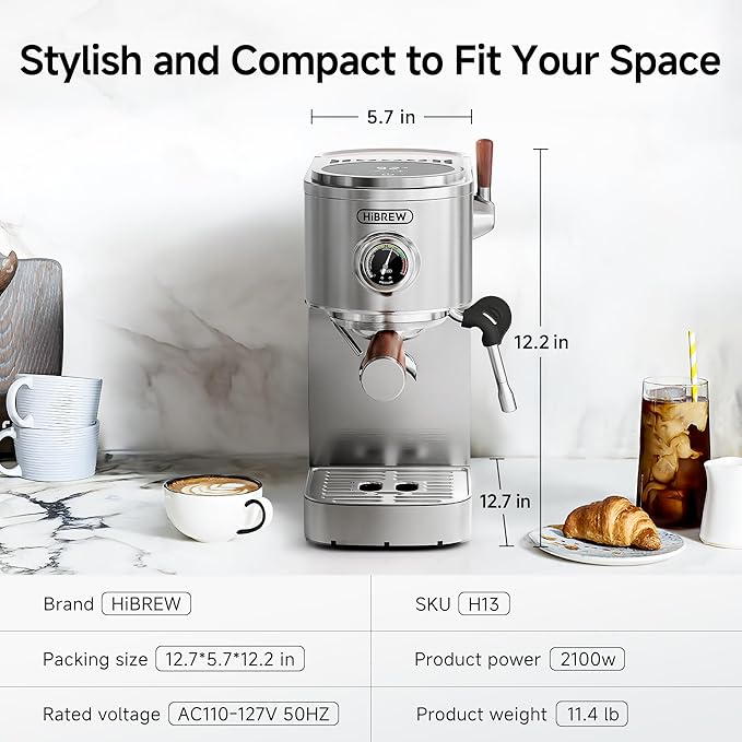HIBREW H13 Dual Boiler Espresso Machine with LED Touch Screen, 58mm Portafilter in Stainless Steel, PID Control, 20 Bar Pump, 3-Level Steam, Separate Hot Water Spout for Home