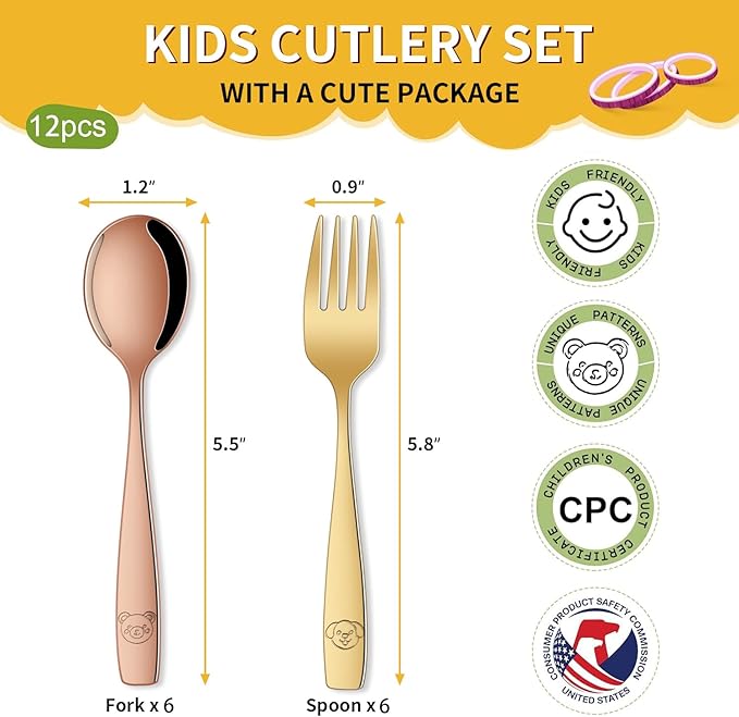 DEHOV Colorful Toddler Eating Utensils Set,Set Of 12 Food Grade Stainless Steel Silverware Sets For Kids,Dishwasher Safe Children Small Metal Spoons And Forks Flatware Sets