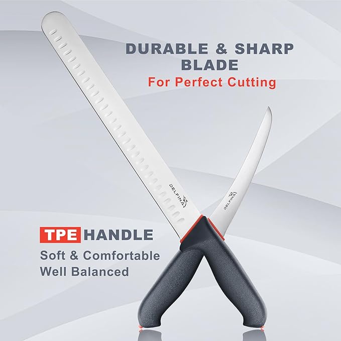 DELFINA Professional 2 Piece BBQ Knife Set, Japanese Style Premium Stainless Steel Chef Knife Set W/SoftGrip Handle, Multi-Purpose Slicing & Boning Knife Set for Kitchen Home Restaurant