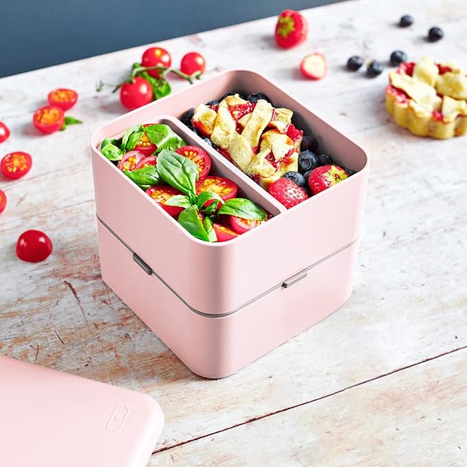 monbento - Large Bento Lunch Box MB Square Litchi with 2 Compartments - 57 oz - Leakproof Lunch Box for Work/Picnic/Meal Prep - BPA Free - Microwave & Dishwasher Safe - Pink