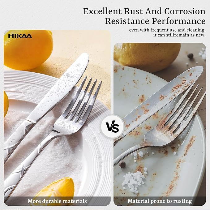 HIKAA 48PCS Stainless Steel Silverware Set with Steak Knives, Modern Flatware Set for Kitchen, Mirror Polished Cutlery Set with Forks, Spoons and Knives，Dishwasher Safe