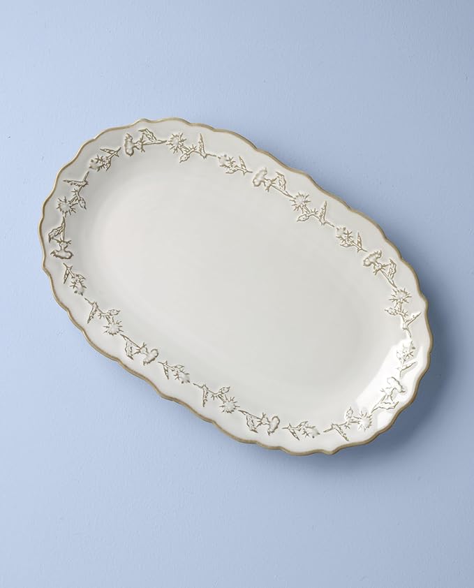 Lenox Home And Kitchen, Homespun Hors D'Oeuvres Tray, Stoneware Material, Serving Tray, Dishwasher And Microwave Safe, Snacks Fruit, Serving, Thistle Design (White, 1 Piece, 13.7 Inch L X 8.89 Inch W)