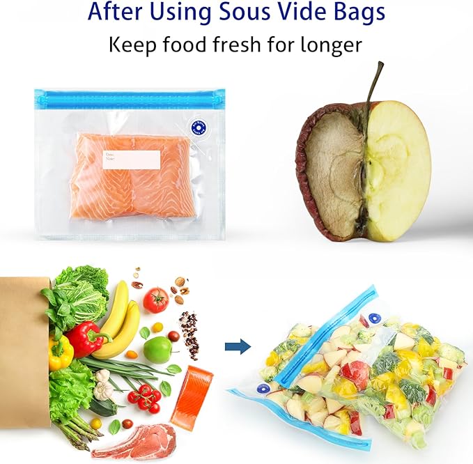 Sous Vide Bags 31 Pcs (24 Pcs Vacuum Zipper Bags & 2 Seal Clips & 5 Air Valves),Reusable BPA Free Vacuum Sealer Bags Vacuum Food Storage Bags for Cooking/Food Storage/Microwave Heating