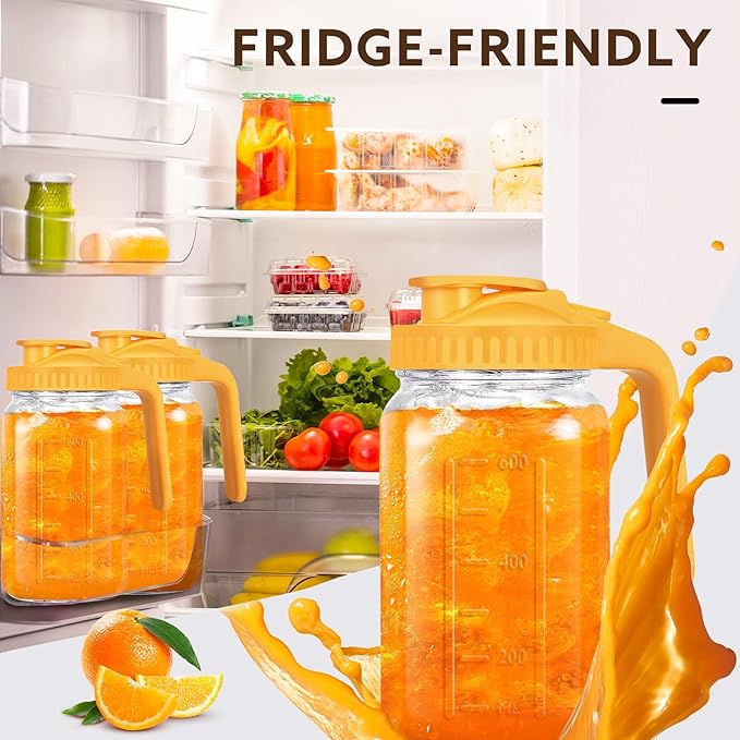 Mihlapi Glass Pitcher with Lid, 64 OZ Mason Jar Pitcher Double Leak Proof, 2 Quart Breast Milk Storage Containers for Fridge, Wide Mouth Glass Jar for Sun Tea, Juice, Cold Brew Coffee