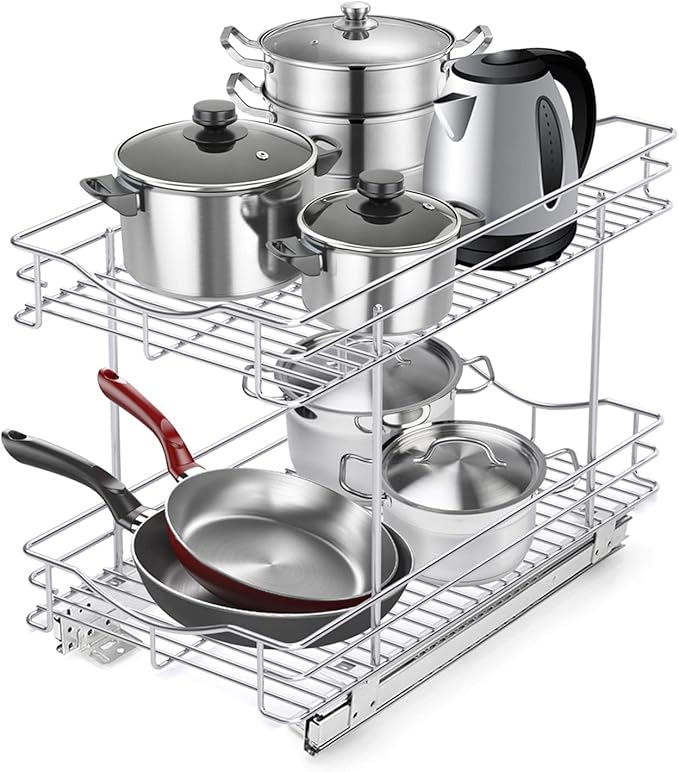 Fulgente Chrome Finish Pull Out Drawer Cabinet Organizer, Professional Wire Frame 2 Tier Heavy Duty Slide Out Kitchen Cabinet Storage Shelves, Sliding Drawer for Cabinet 11"W x 21"D