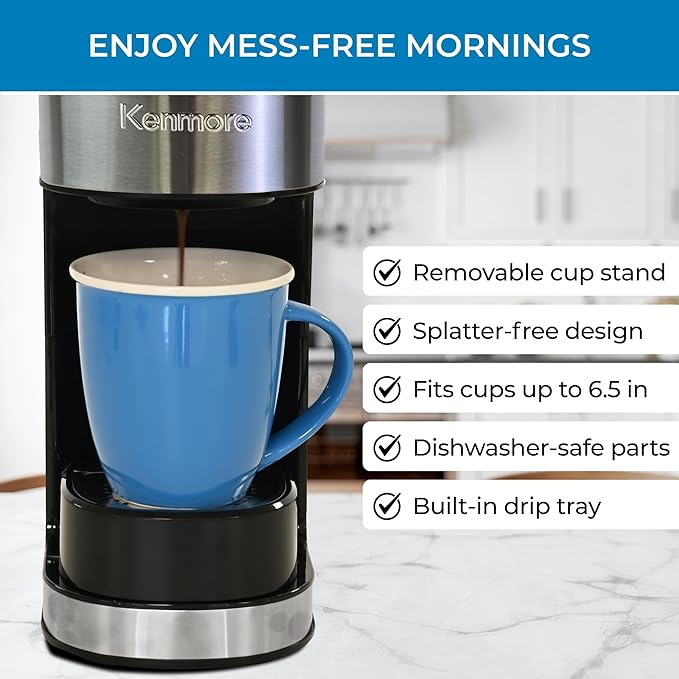 Kenmore Single Serve Coffee Maker – 6–12 Oz Brew Sizes, Compatible with Keurig K‑Cup Pods & Ground Coffee, One Cup Brewer, Travel Mug Friendly, Auto Shut‑Off, Hot & Iced Machine à café, Black