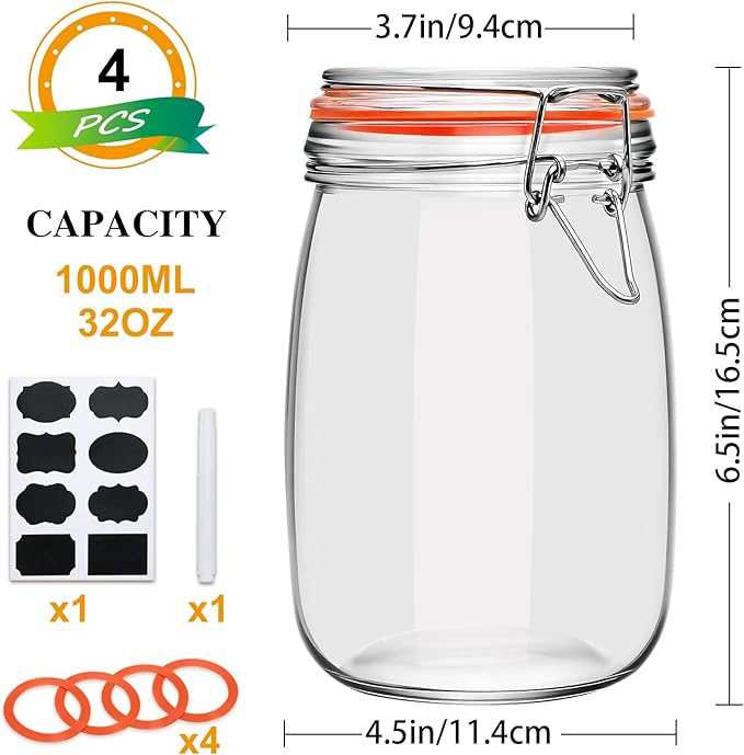 32 oz Wide Mouth Mason Jars with Airtight Hinged Lids, Large Glass Jar with Lid for Pickling, Fermentation, Canning, Food Storage – Set of 4 Glass Storage Containers