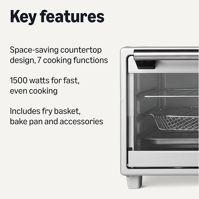 Amazon Basics 6-Slice 23-QT Toaster Oven with Built-In Air Fryer, 7-In-1 Cooking Options, 60-Min Timer & Adjustable Temperature (200°F - 450°F), With Accessories, 1500W, Stainless Steel, Silver/Gray
