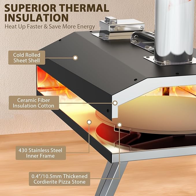 12" Portable Wood Pellet Pizza Oven with 360° Rotating Stone - Wood-Fired for Authentic Flavor, Ideal for Backyard, Camping, Picnics, and Patios - Easy to Use for Perfect Outdoor Cooking