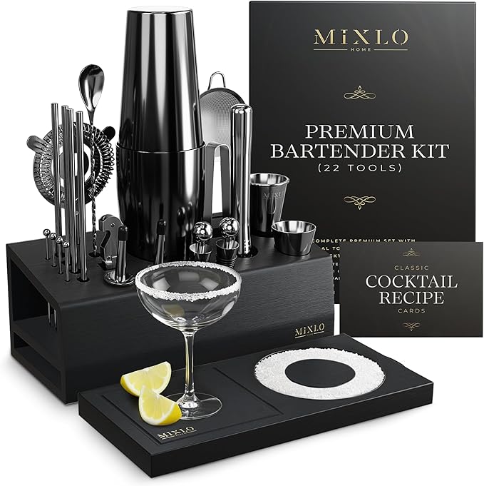 Mixology Bartender Kit - 22Pcs Bar Set Cocktail Shaker Set w Black Bar Cart Accessories Stand - Shakers Bartending Gun Metal Black Tools, 24oz Shaker, 17 Recipe Cards, Martini Barware