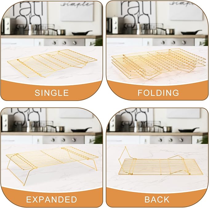 Cooling Rack for Baking 3 Tiers, 16" x 10" Cookie Cooling Wire Rack Stackable Collapsible Nonstick, Stainless Steel Baking Cooking Cooling Racks with Optimum Air Flow, Gold
