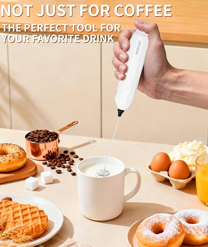 MEIRUBY 2-Pack Milk Frother Handheld with Stand, Valentines Day Gifts for Him and Her, Powerful Electric Coffee Frother, Coffee Lover Gift for Lattes, Cappuccino, Matcha & Hot Chocolate, Black/White