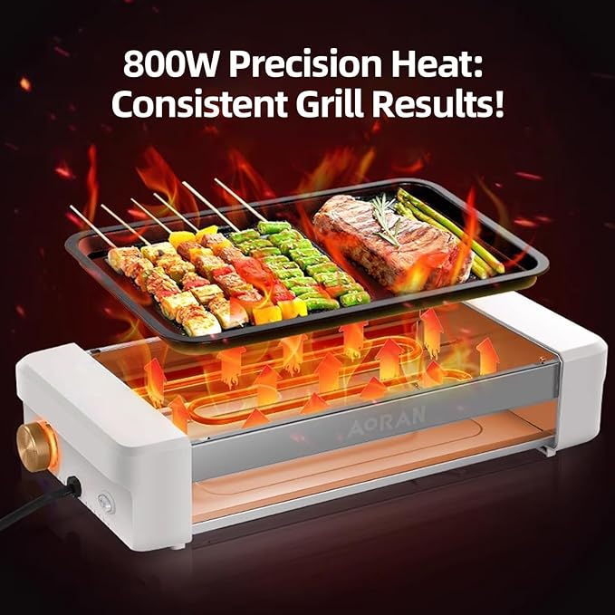 AORAN Electric Indoor Grill Smokeless, 800W Countertop Grill with Removable Non-Stick Cooking Plates & Hot Dog Rack, Easy to Clean, 13.4x8.3 Inch for BBQ, Panini, Meat, Vegetables