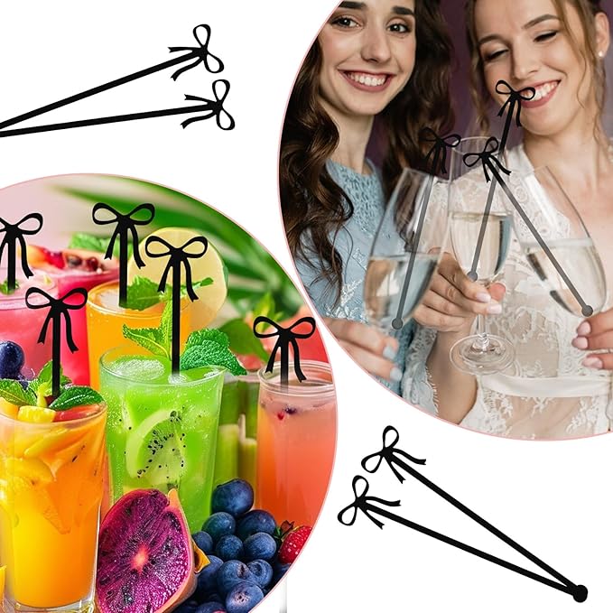20Pcs Cocktail Stirrers, Black Bow Acrylic Drink Stirrers, 6 Inch Long Reusable Plastic Stirrer for Wedding Birthday Bridal Bachelorette Party Cocktail Cupcake Decorations Supplies