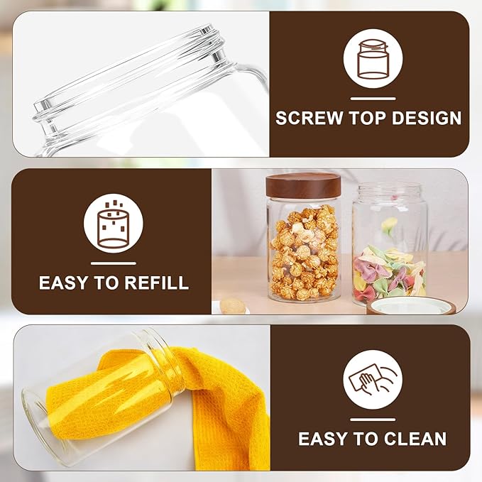Glass Jar with Wood Lid, 4 Pack 29oz Glass Jars with Airtight Screw Lids, Wide Mouth Coffee and Sugar Containers, Clear Food Storage Canister for Flour, Tea, Oatmeal, Seasoning, Cookie, Candy