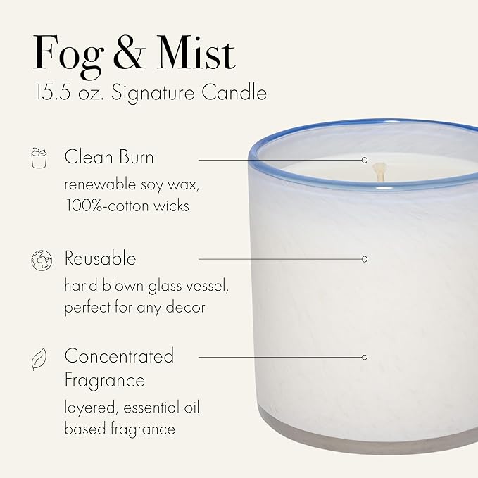 LAFCO New York Signature Candle, Fog & Mist - 15.5 oz - 90-Hour Burn Time - Reusable, Hand Blown Glass Vessel - Made in the USA