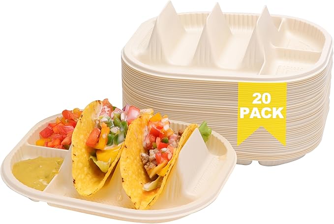 Small Disposable Taco Plates With Dipping Sides - 20 Pack, Biodegradable Cornstarch Taco Holder, Mini Size Fit 4-6 Inch Street Tortilla Shells, Sturdy & Microwave Safe, Bar Serving Set For A Party