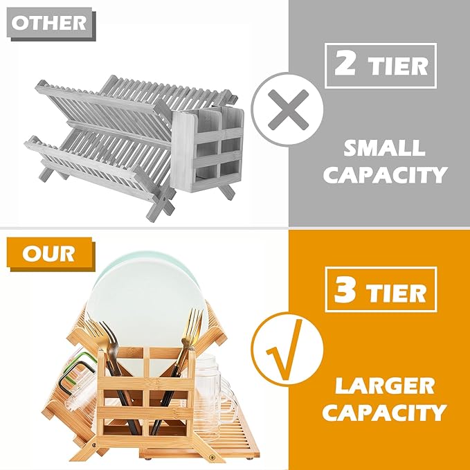 Bamboo Dish Drying Rack, 3 Tier Collapsible Wooden Dish Drainer Rack with Utensil Holder, Plate Rack for Kitchen Counter, Large Folding Drying Holder 51 pcs Grid