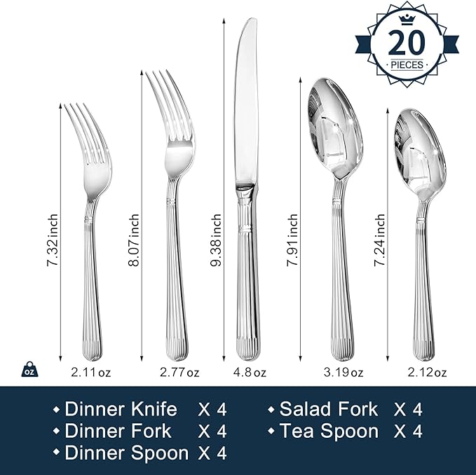 KINGSTONE 20-Piece Silverware Set, 18/10 Stainless Steel Flatware Set - Luxury Elegant Striped Cutlery with Dishwasher Safe, Durable for Family Dining, Catering, Weddings, Anniversaries Gift
