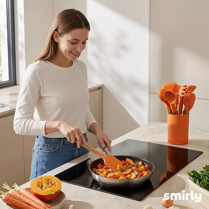 Silicone Kitchen Utensils Set & Holder: Cooking Utensils Set - Kitchen Essentials for New Home & 1st Apartment- Silicone Spatula Set, Cooking Spoons for Nonstick Cookware (Acacia Wood, Oange)