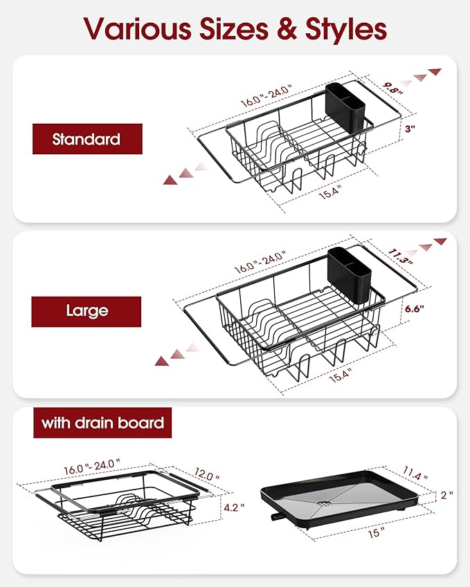 Sakugi Dish Drying Rack in Sink - Expandable Stainless Steel Dish Rack Over The Sink, Kitchen Sink Drain Strainer with Cutlery Holder & Cup Holders, 15.2 x 10.0 x 4.2 Inch, Black