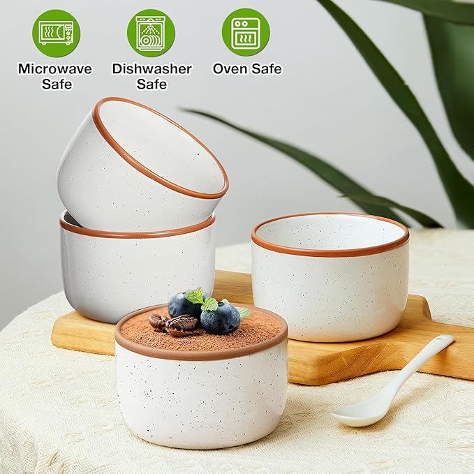 Ramekins Set of 6, 6 oz Creme Brulee Ramekin Oven Safe, Porcelain Ramekin Bowls, Mini Cheesecake Pans, Small Baking Dish, Dipping Sauce Bowls, Ramekins for Baking Souffle, Ice Cream - Vanilla White