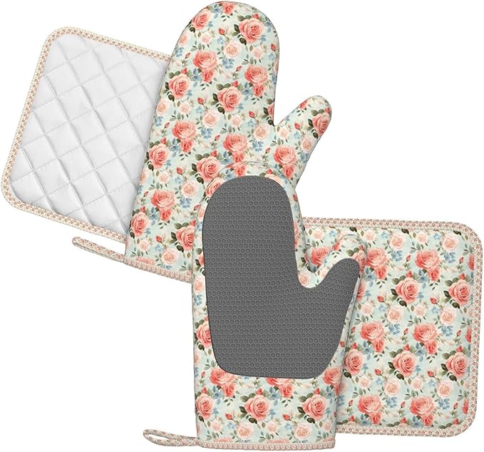 Oven Mitts and Pot Holders Rose Flower Vintage Botanical Silicone Kitchen Accessories Set of 4 Heat Resistant Long Gloves Potholder Non-Slip Grip for Chef Cooking Baking Grilling BBQ