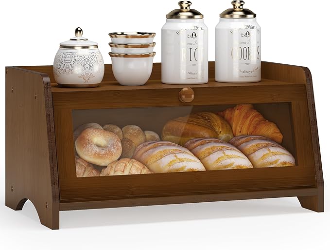 JANSNIMEN Vintage Bread Box for Kitchen Countertop, Large Bread Container Storage, Wooden Farmhouse Bread Box with Window Bread Holder (Brown)