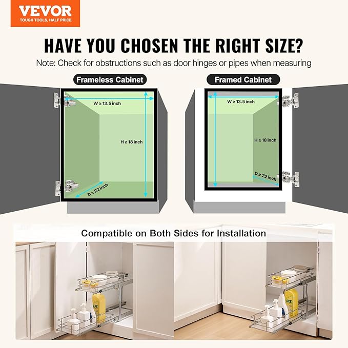 VEVOR Pull Out Cabinet Organizer, 12"W x 21"Dx15.2"H Heavy Duty Slide Out Pantry Shelves, Chrome-Plated Steel Roll Out Drawers for Home,13.5"Wx22"Dx19"H Inside Kitchen Cabinet, Bathroom, Under Sink