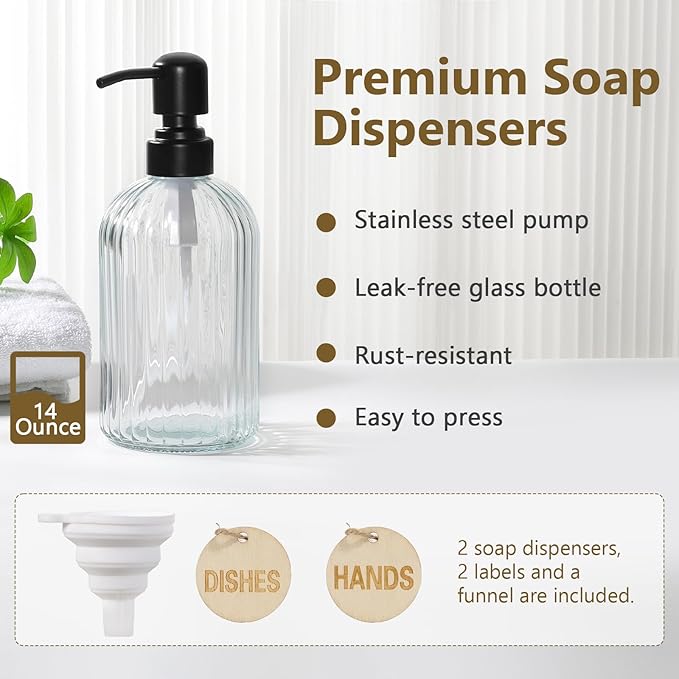 Shinowa Kitchen Dish Soap Dispenser Set, 14OZ Glass Bottle with Rustproof 304 Stainless Steel Sponge Holder and Instant Dry Tray, Hand and Dish Soap Dispenser Set for Kitchen Sink Organizer Decor